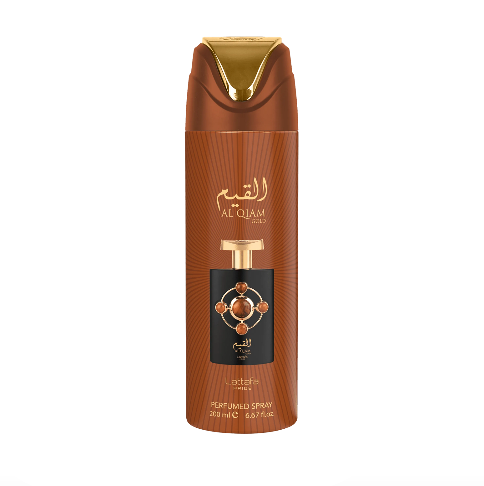 Professionaalne tootefoto Lattafa Pride Al Qiam Gold deodorandipudel (200ml), rõhutades selle elegantset, võimsat disaini ja esmaklassilist kaubamärki. Lattafa Pride kogumise vastu puhas, modern taust.