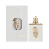 A professional product display showing the white Uqab 100ml bottle standing beside its matching calligraphy-adorned gift box, complete with a signature golden eagle emblem.