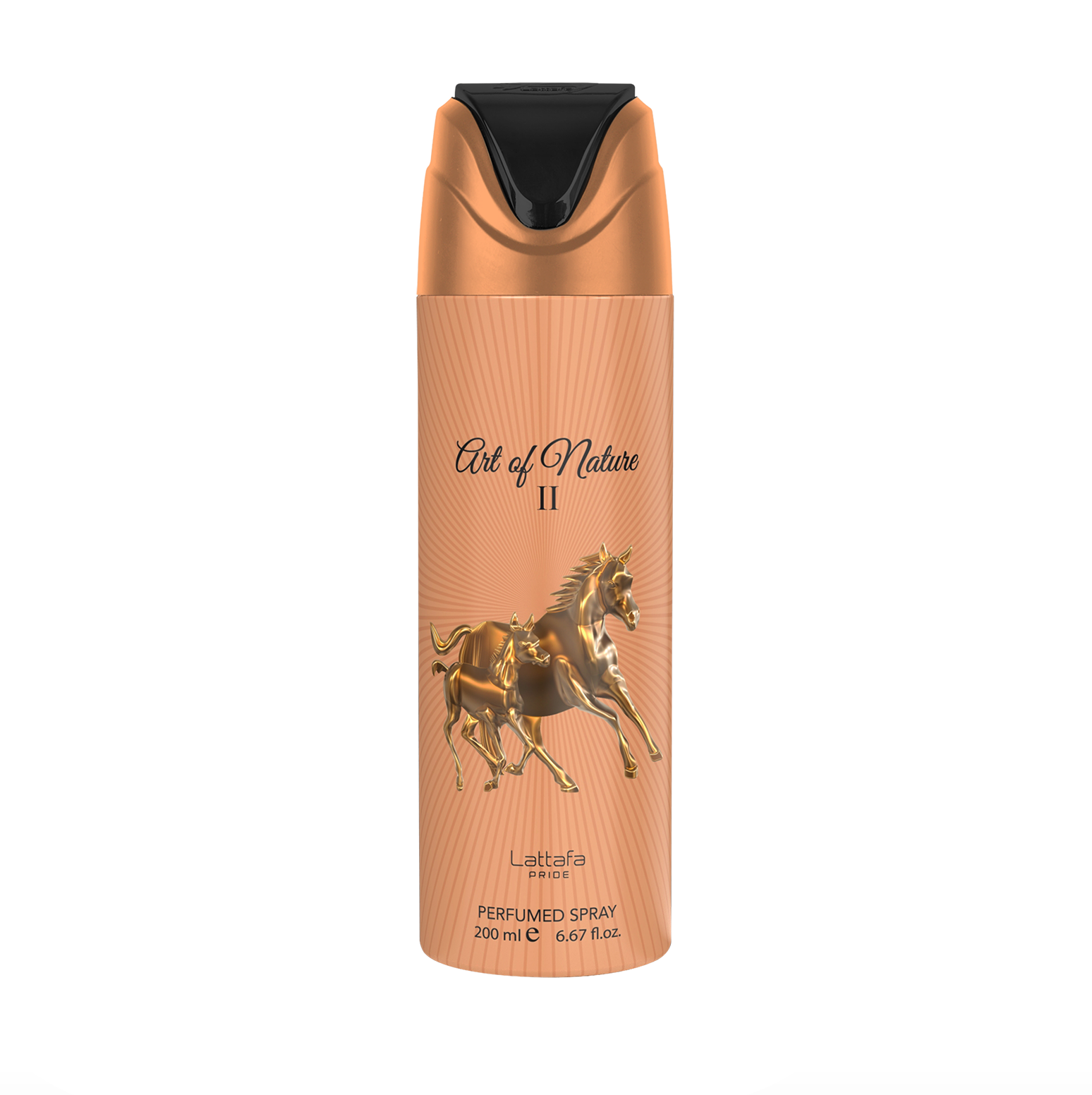 Professionaalne tootefoto Lattafa Pride Art of Nature II deodorandi pudel (200ml), rõhutades selle elegantset disaini ja kõrgekvaliteedilist, elegantset brändi. Lattafa Pride kogumise vastu puhas, modern taust.