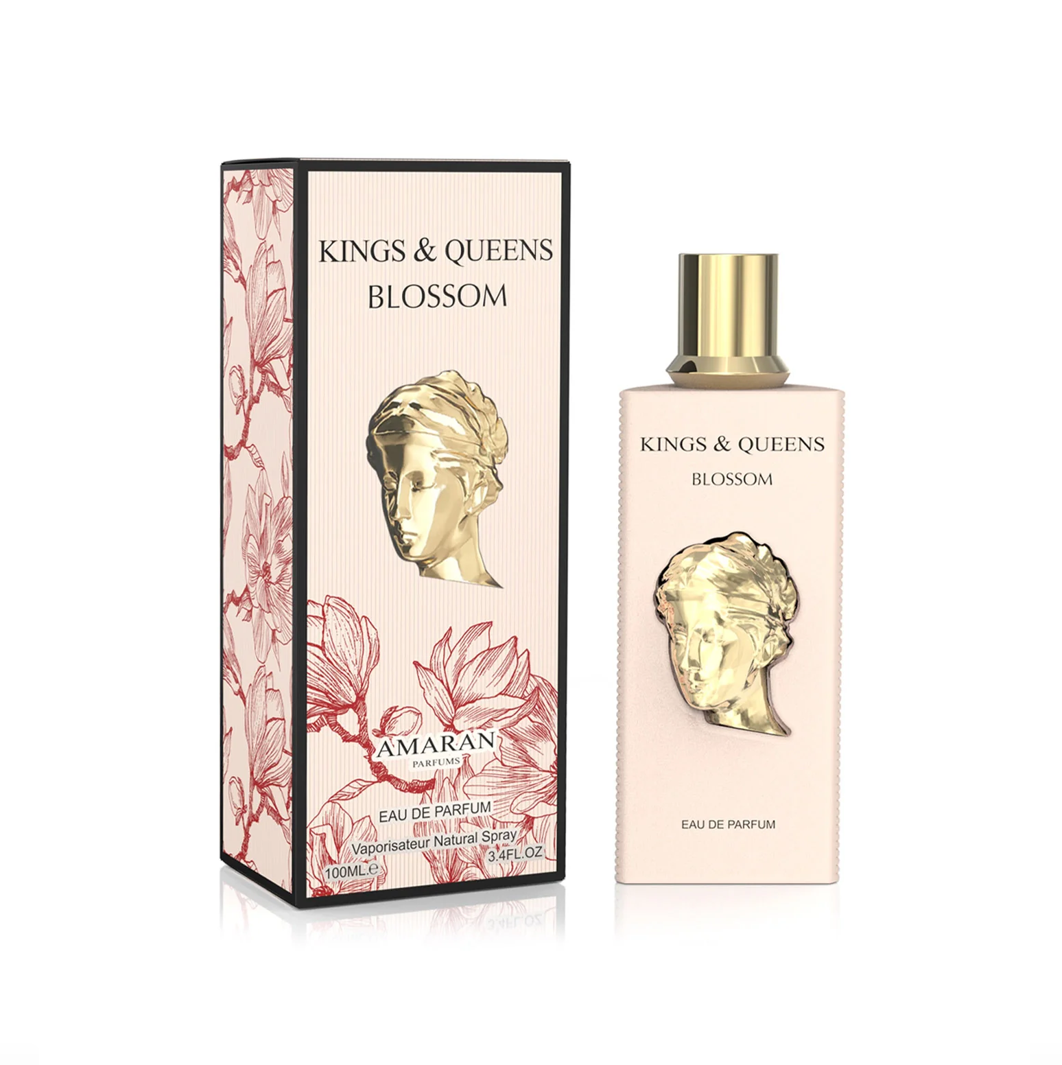 A product presentation of Kings & Queens Blossom, showing the 100ml bottle alongside its floral-patterned gift box featuring a gold-toned sculptural emblem.
