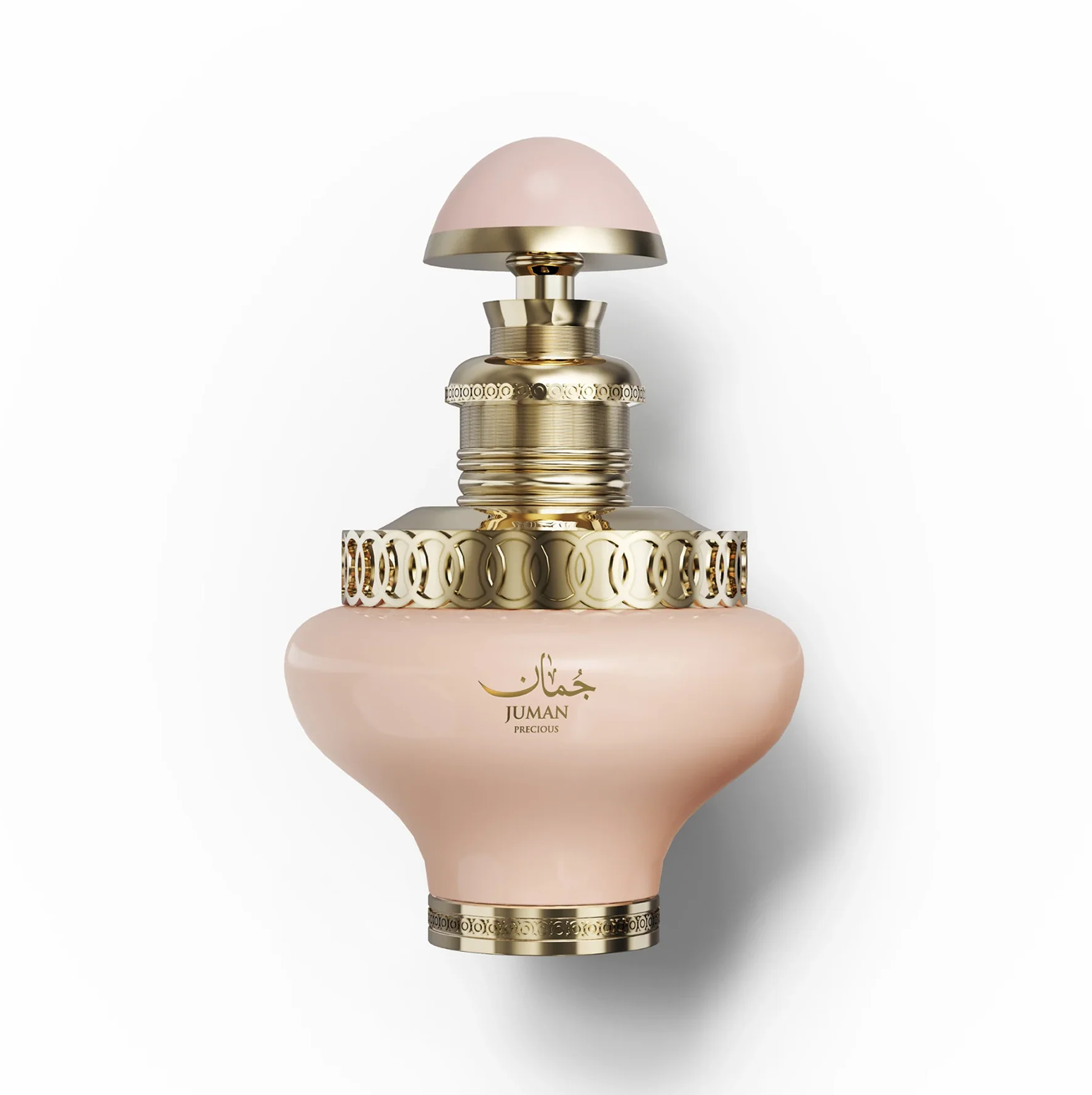 Lähivaade Juman Precious 100ml naiste parfüümipudelist, millel on kuldsed detailid. Juman Precious 100ml klaaspudelist tehtud puhas stuudiovõte, mis toob esile selle õrna, pehmete toonidega korpuse ja keerulised kullatud metallist aktsendid kaelal ja põhjas.