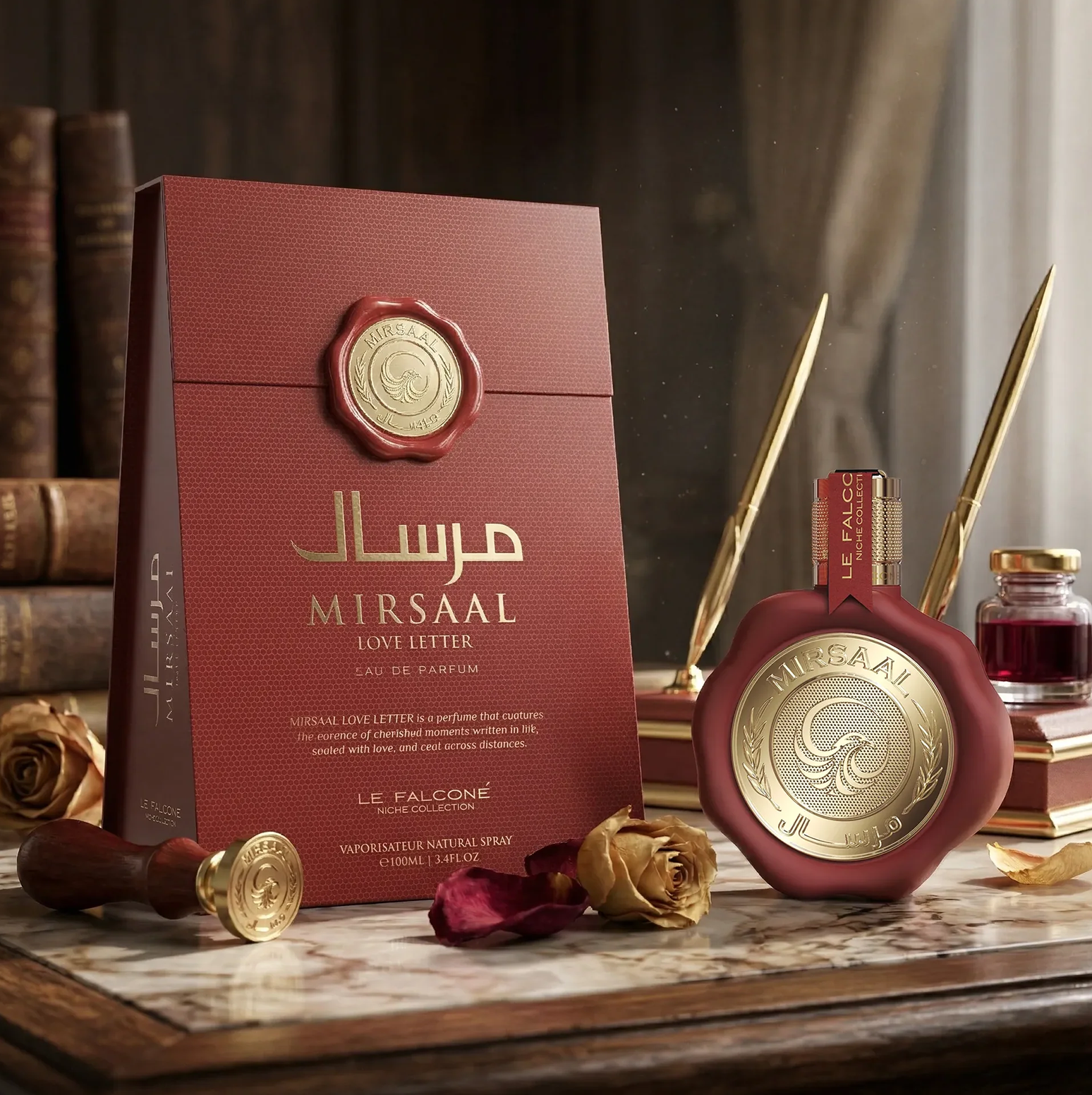 Luksuslik Mirsaal Love Letter Eau de Parfum'i väljapanek, millel on vahaga suletud 100 ml pudel koos sobiva punase kinkekarbi, dekoratiivsete pliiatsite ja kuivatatud roosidega klassikalisel kirjutuslaual.