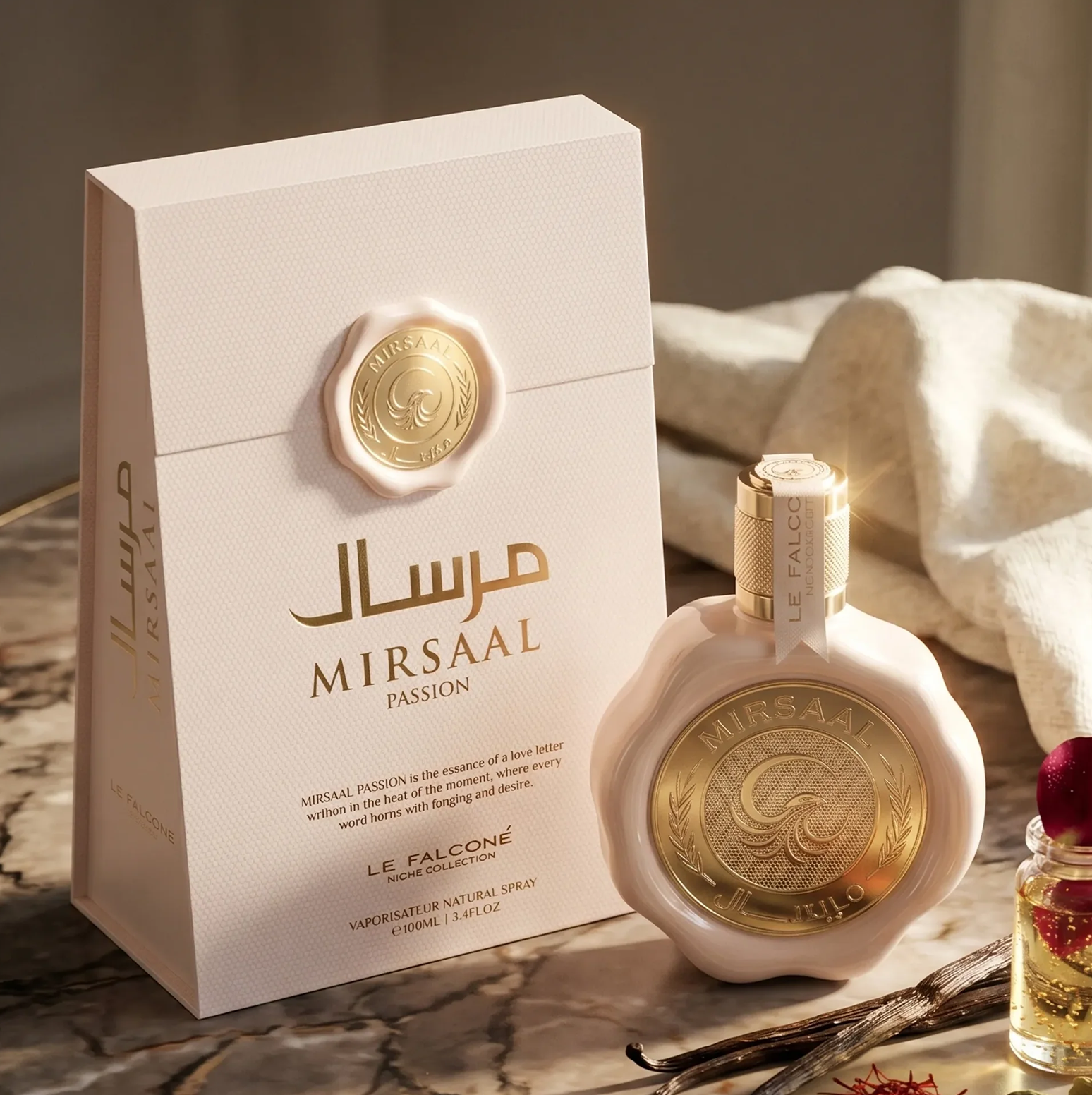 Mirsaal Passion Eau de Parfumi esmaklassiline väljapanek, millel on kahvaturoosa, vahaga pitseeritud 100 ml pudel ja selle juurde kuuluv elegantne kinkekarp, mis on kujundatud vaniljeubade ja aromaatsete aktsentidega marmorpinnal.