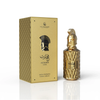 Le Falconé Muharib Alpha Extrait de Parfum'i esmaklassiline tooteesitlus, kus 85ml pudel on eksponeeritud elegantse, kuldse tekstuuriga karbi kõrval, kus on kujutatud ikooniline Spartani kiivri kujundus.