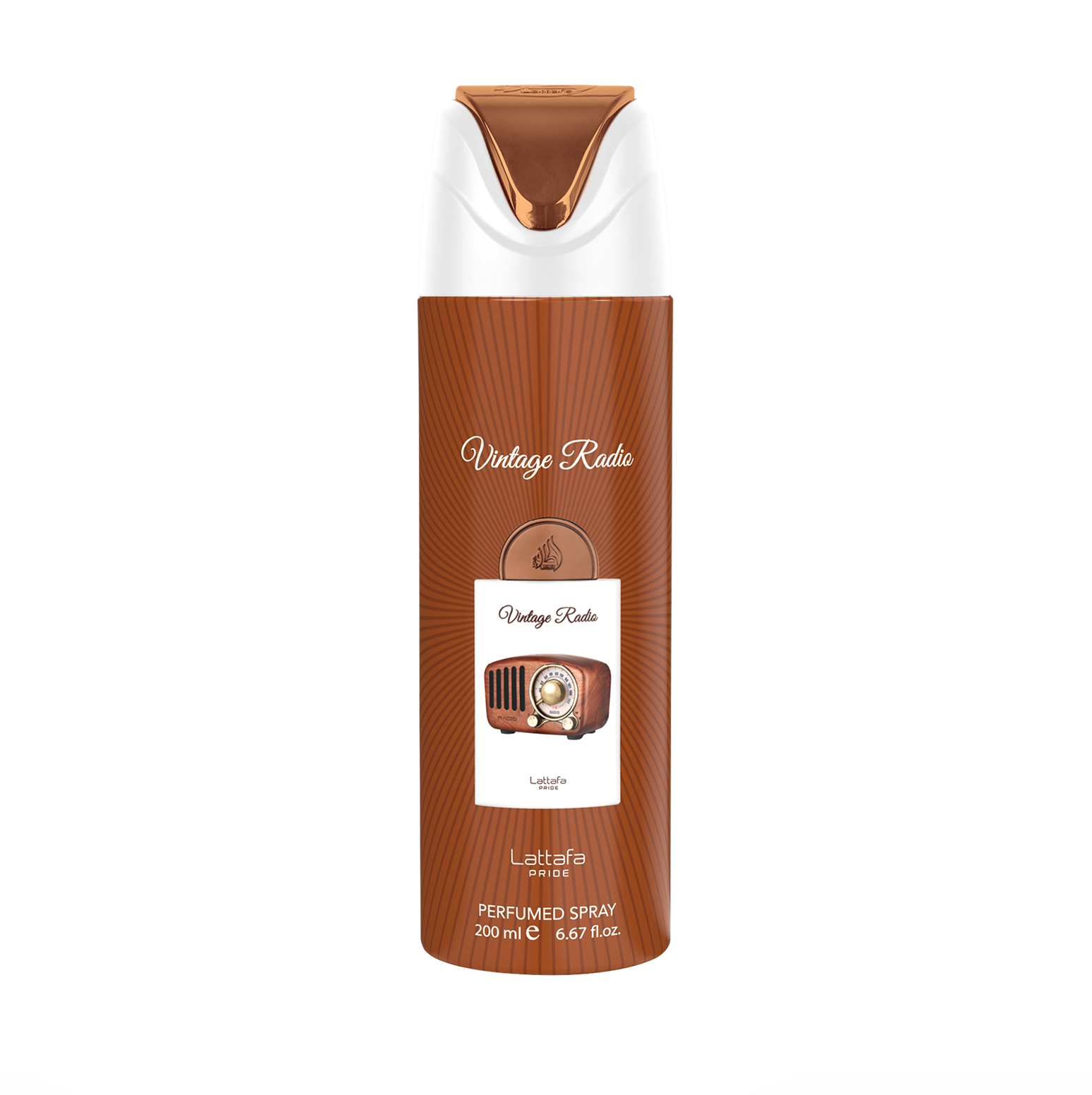 Terav, professionaalne tootepilt Lattafa Pride Vintage Radio kehasprei pudel (200ml), mis rõhutab selle elegantset disaini ja Pride'i kollektsiooni premium-märgistust puhta, modern taust.